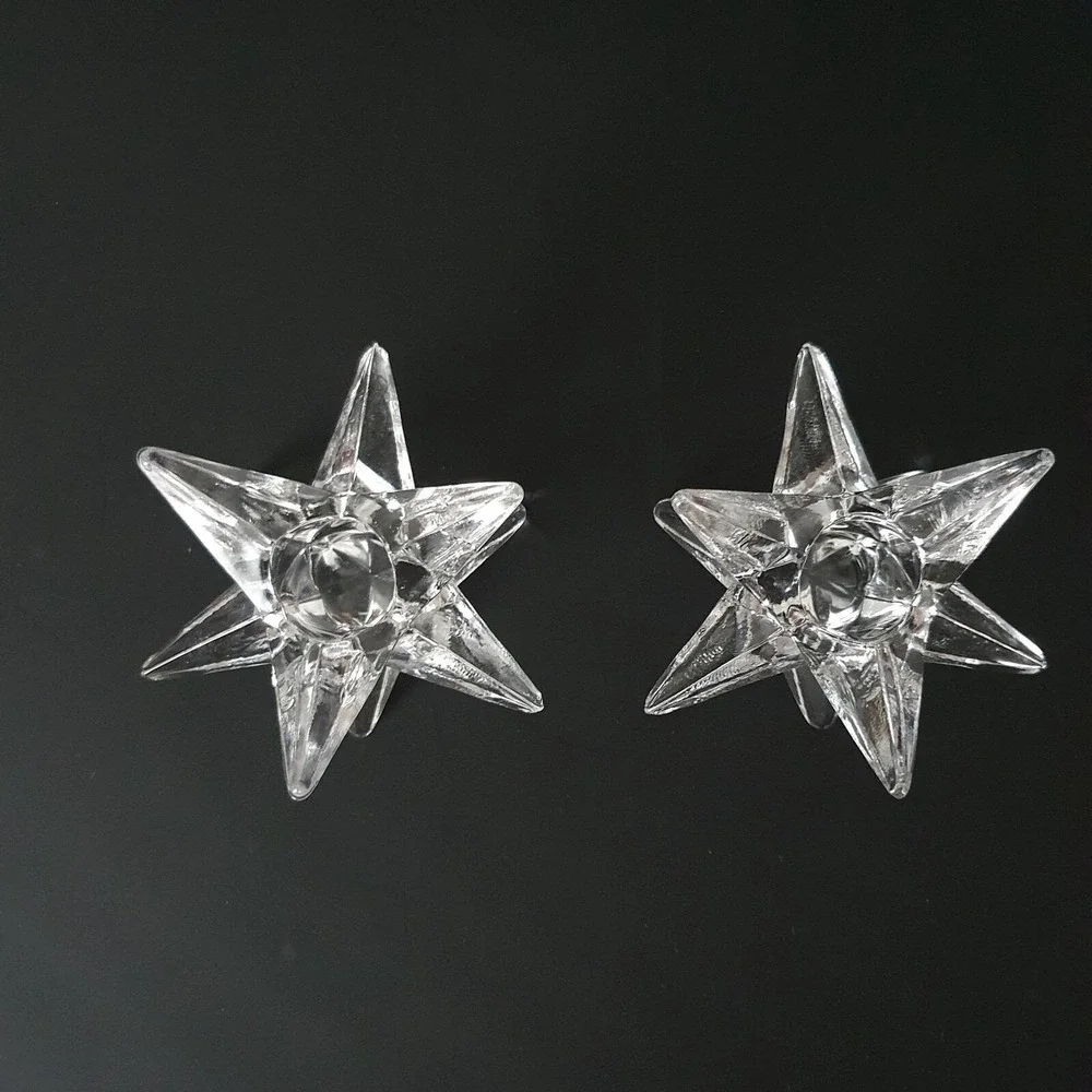 2 Vintage MCM Atomic Sparkling Glass 9-Point Star Shaped Candle Holders
